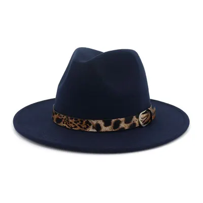Unisex Leopard Print Wool Felt Bell Jazz Hat With Wide Brim