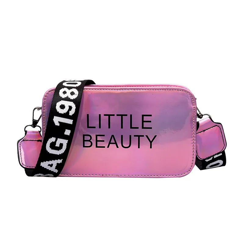 Letters Printed Wide Cloth Shoulder Strap Hologram Laser Camera Bag Design Crossbody Bags For Women