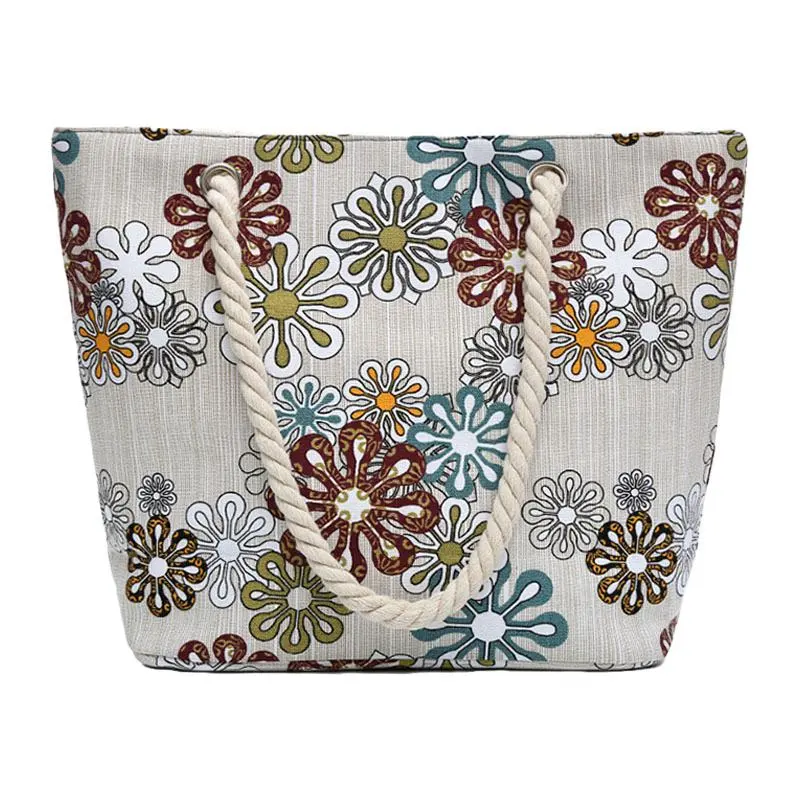 Trendy Graceful Flowers Canvas Shoulder Bag For Women Picnic Beach Outdoor