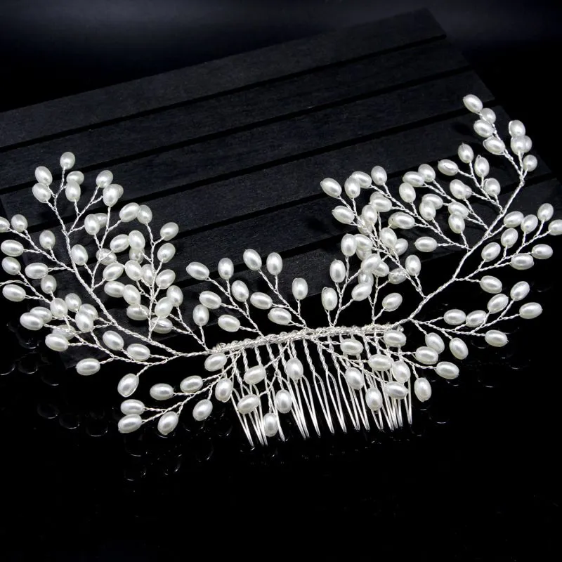 Women Pure White Imitation Pearl Handmade Wedding Comb Hair Jewelry
