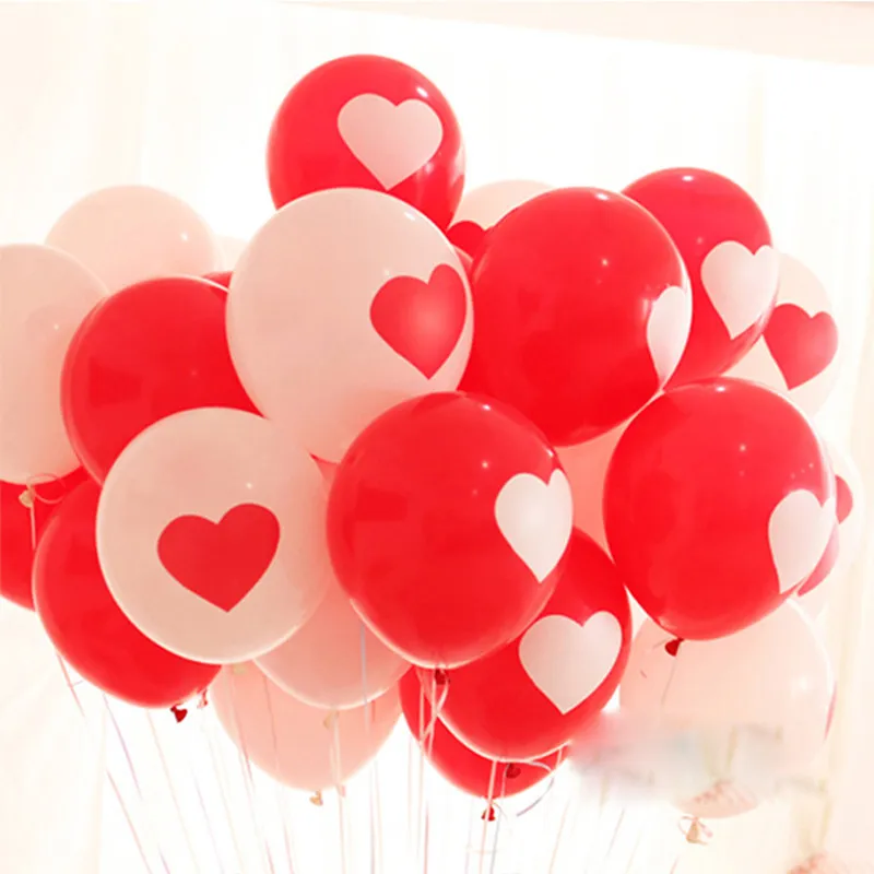 100 Pcs Pack 12 Inch 2.5g Latex Red White Heart Printed Wedding Accents Party DIY Supplies Romantic Balloons