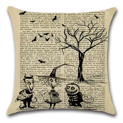 Halloween Newspaper Printed Linen Cushion Cover Vintage Decor Without Insert