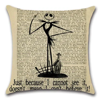 Halloween Newspaper Printed Linen Cushion Cover Vintage Decor Without Insert