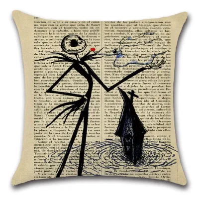 Halloween Newspaper Printed Linen Cushion Cover Vintage Decor Without Insert