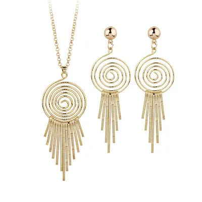 Women Unique Exaggerated Swirl Shape Tassel Necklace Earrings Jewelry Set