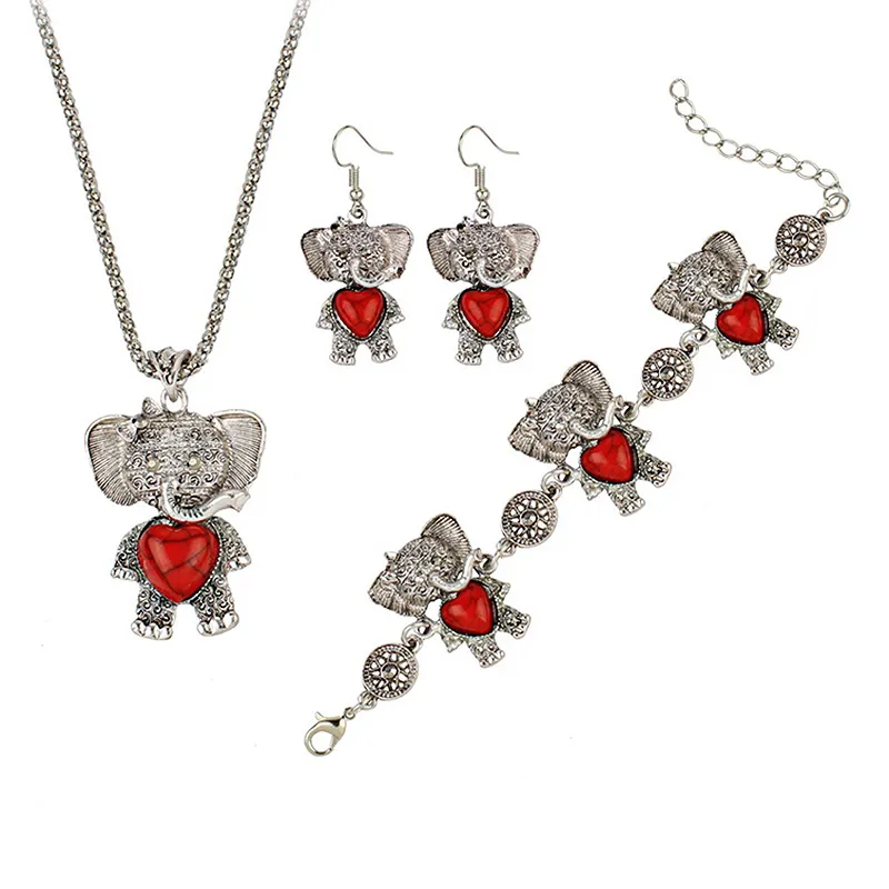 Bohemian Imitation Turquoise Decoration Elephant Necklace Earrings Bracelet Set