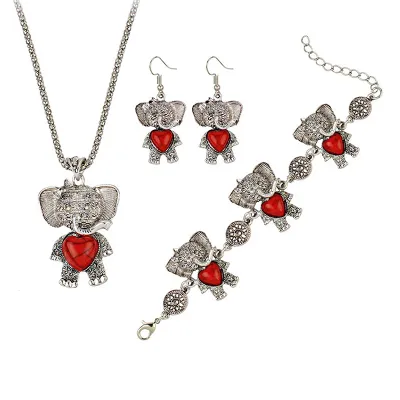 Bohemian Imitation Turquoise Decoration Elephant Necklace Earrings Bracelet Set