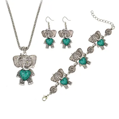 Bohemian Imitation Turquoise Decoration Elephant Necklace Earrings Bracelet Set