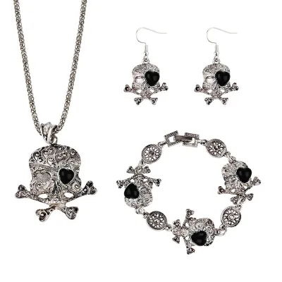 Women's Unique New Heart Eye Skull Pendant Earrings Necklace Bracelet Set