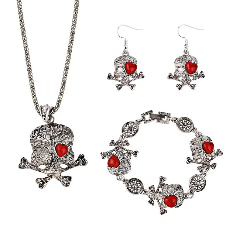 Women's Unique New Heart Eye Skull Pendant Earrings Necklace Bracelet Set