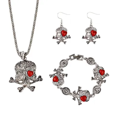 Women's Unique New Heart Eye Skull Pendant Earrings Necklace Bracelet Set