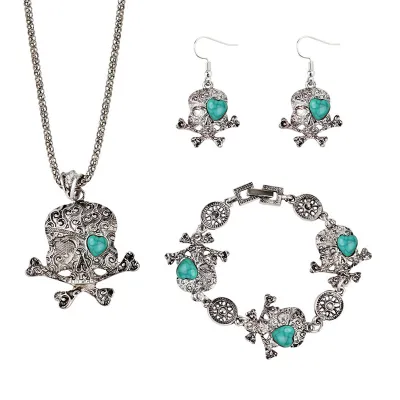 Women's Unique New Heart Eye Skull Pendant Earrings Necklace Bracelet Set