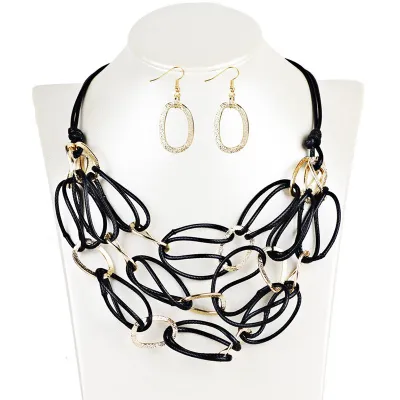 Lady Vintage Ethnic Multilayer Braided Rope Decoration Earrings Necklace Jewelry Set