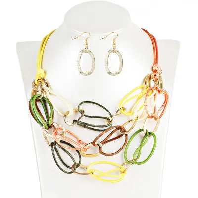 Lady Vintage Ethnic Multilayer Braided Rope Decoration Earrings Necklace Jewelry Set