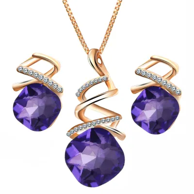 Women Graceful Shiny Glass Decoration Spiral Shape Pendant Earrings Necklace Jewelry Set