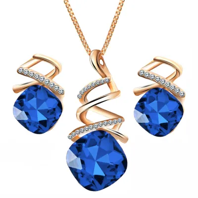 Women Graceful Shiny Glass Decoration Spiral Shape Pendant Earrings Necklace Jewelry Set