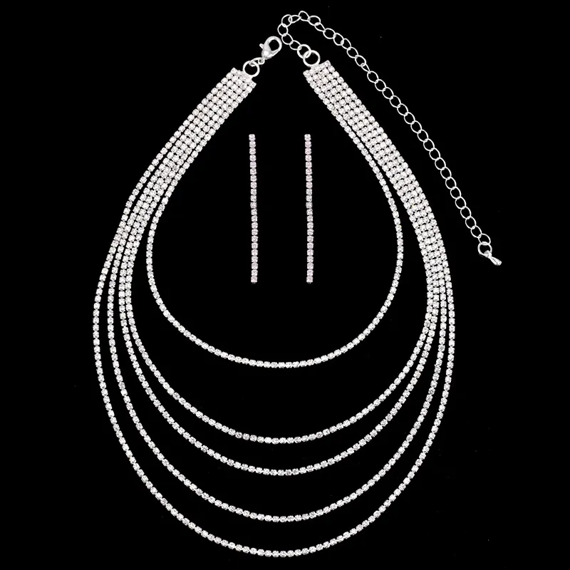 High Grade Full Crystal Alloy Multilayer Statement Jewelry Sets Earrings Necklace For Women
