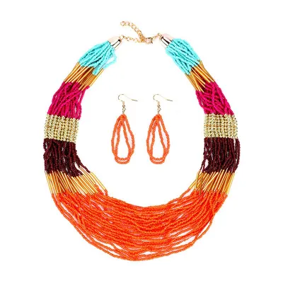 Modern Lady Classic Vintage Style Colored Natural Stones Multilayer Necklace Earrings Set