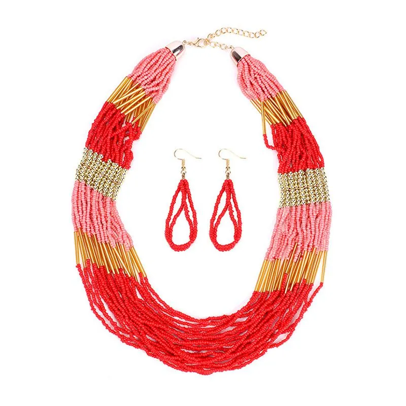 Modern Lady Classic Vintage Style Colored Natural Stones Multilayer Necklace Earrings Set