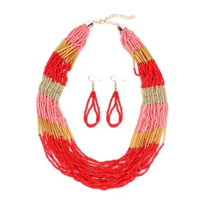 Modern Lady Classic Vintage Style Colored Natural Stones Multilayer Necklace Earrings Set