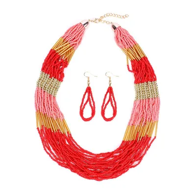 Modern Lady Classic Vintage Style Colored Natural Stones Multilayer Necklace Earrings Set