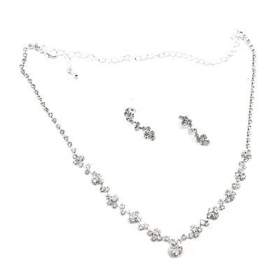 Fashion Shiny Rhinestone New Bride Jewelry Silver Alloy Chain Necklace Earrings Set