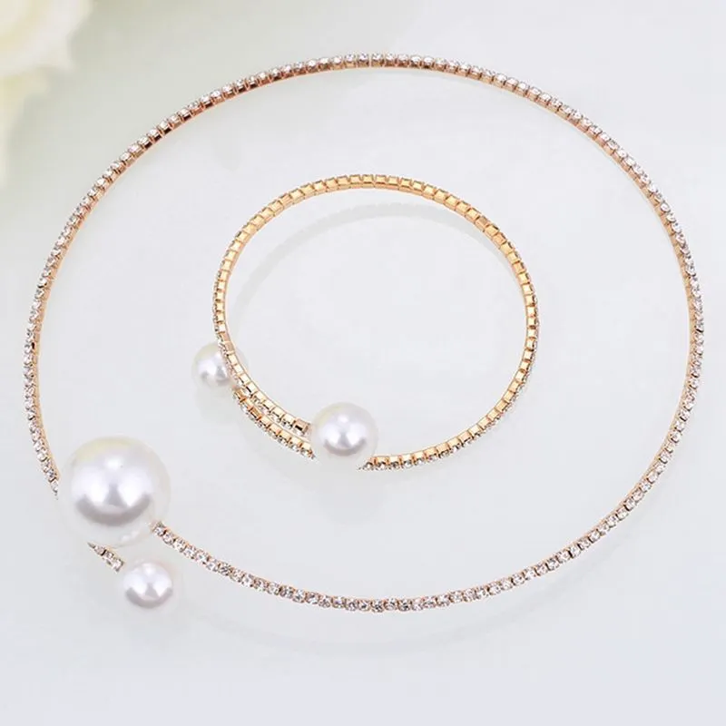 Creative Design Women's Pearl Choker and Bracelet Set for Wedding Party