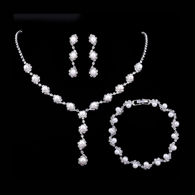 3pcs Set Women Wedding Jewelry Classic Imitation Pearl Stranded Necklace Earrings Set