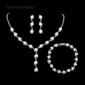3pcs Set Women Wedding Jewelry Classic Imitation Pearl Stranded Necklace Earrings Set