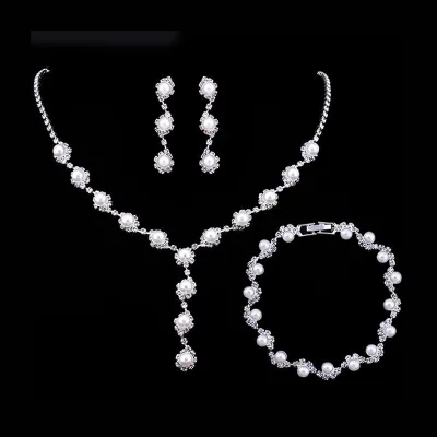 3pcs Set Women Wedding Jewelry Classic Imitation Pearl Stranded Necklace Earrings Set