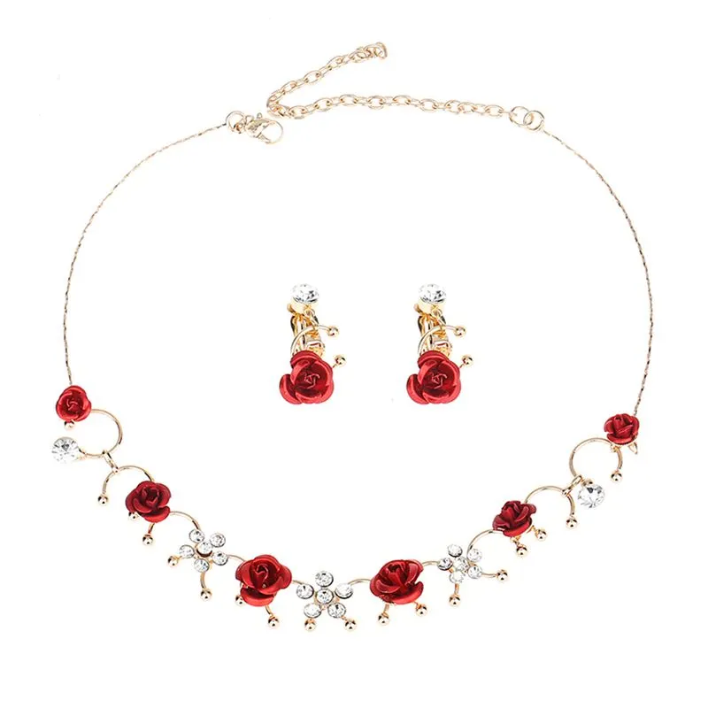 Women Fashion Creative Design Red Rose Alloy Necklace and Clip Earrings Set