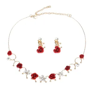 Women Fashion Creative Design Red Rose Alloy Necklace and Clip Earrings Set