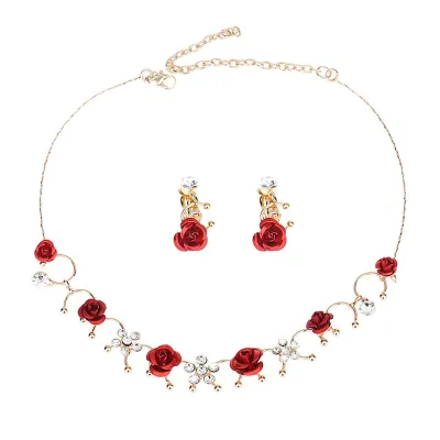 Women Fashion Creative Design Red Rose Alloy Necklace and Clip Earrings Set