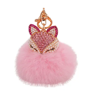 Cute Diamond Fox Head Plush Ball Key Chain Unisex