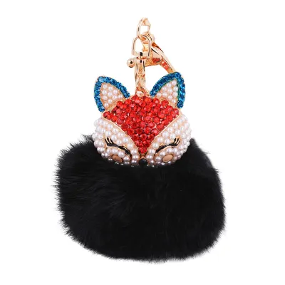 Cute Diamond Fox Head Plush Ball Key Chain Unisex