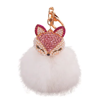 Cute Diamond Fox Head Plush Ball Key Chain Unisex