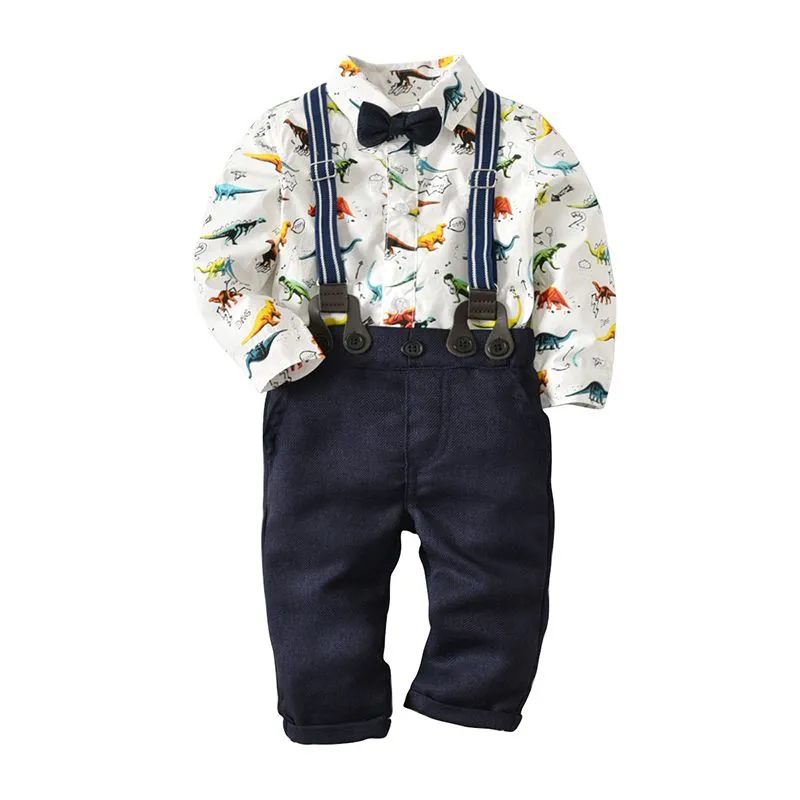 3 Pcs Set Toddler Boy Cotton Dinosaur Printed Long Sleeves Tops And Pants With Suspender Kids Baby Boys Clothing(0-3T)