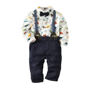 3 Pcs Set Toddler Boy Cotton Dinosaur Printed Long Sleeves Tops And Pants With Suspender Kids Baby Boys Clothing(0-3T)