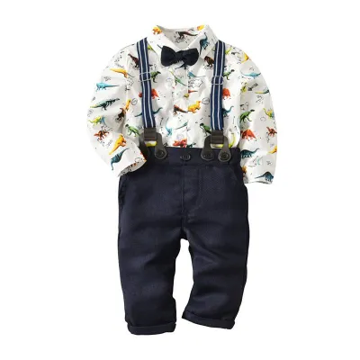 3 Pcs Set Toddler Boy Cotton Dinosaur Printed Long Sleeves Tops And Pants With Suspender Kids Baby Boys Clothing(0-3T)