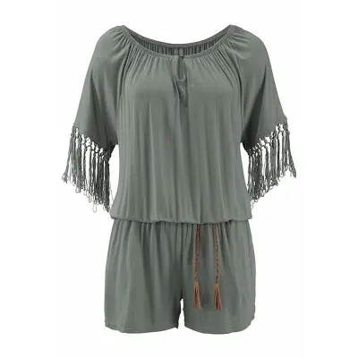 Women Off Shoulder Pattern Short Sleeves Tassel Short Rompers