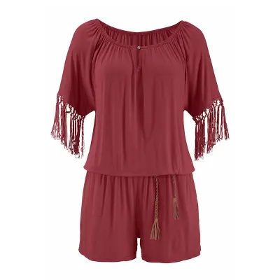 Women Off Shoulder Pattern Short Sleeves Tassel Short Rompers