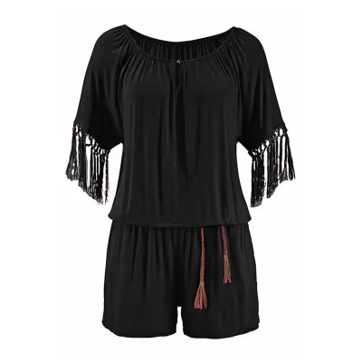 Women Off Shoulder Pattern Short Sleeves Tassel Short Rompers