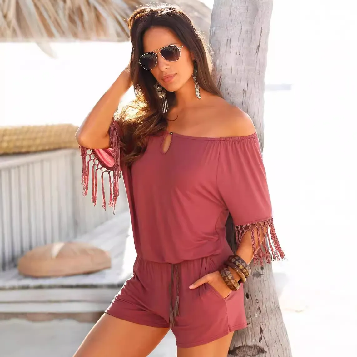 Women Off Shoulder Pattern Short Sleeves Tassel Short Rompers
