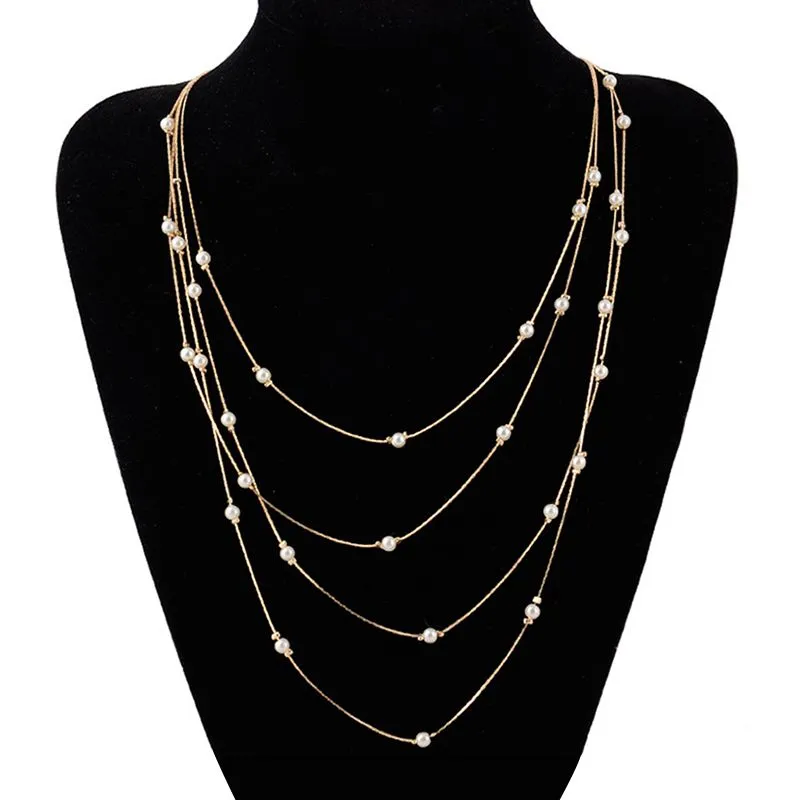Elegant Classic Style Gold Chain Imitation Pearl Multilayer Sweater Necklace