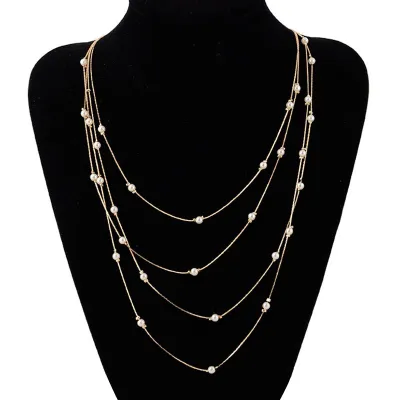 Elegant Classic Style Gold Chain Imitation Pearl Multilayer Sweater Necklace