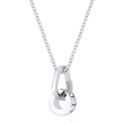 Fashion Big Brand Design Simple Two Rings Pattern Shiny Rhinestone Single Chain Pendant Necklace