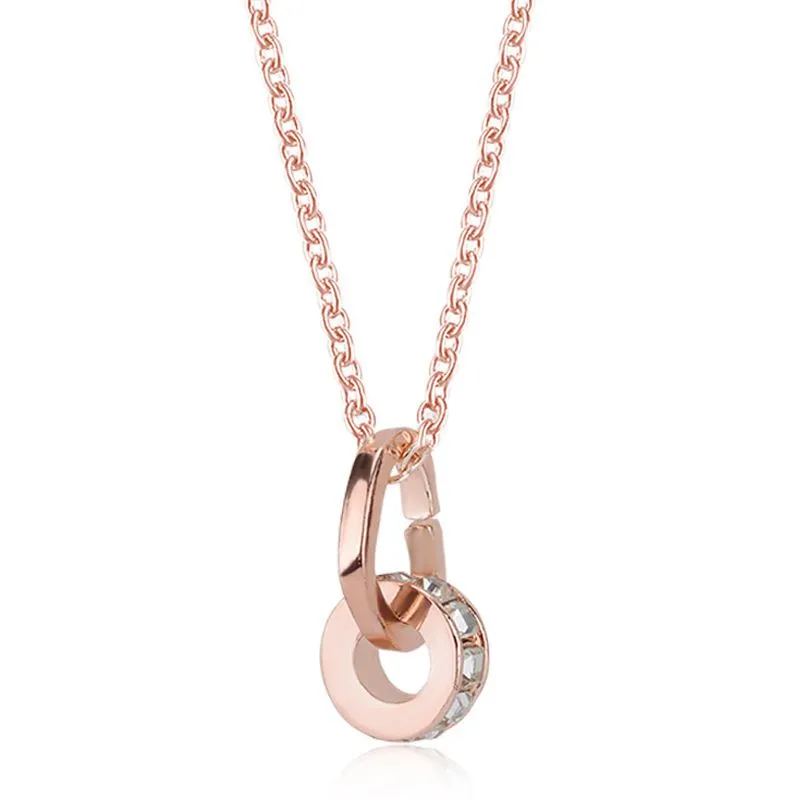 Fashion Big Brand Design Simple Two Rings Pattern Shiny Rhinestone Single Chain Pendant Necklace