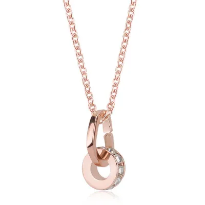 Fashion Big Brand Design Simple Two Rings Pattern Shiny Rhinestone Single Chain Pendant Necklace