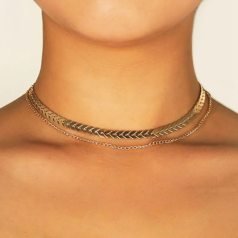 Women Creative Design Fishbone Pattern Double Layer Plated Alloy Choker Necklace