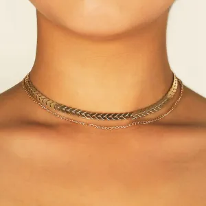 Women Creative Design Fishbone Pattern Double Layer Plated Alloy Choker Necklace
